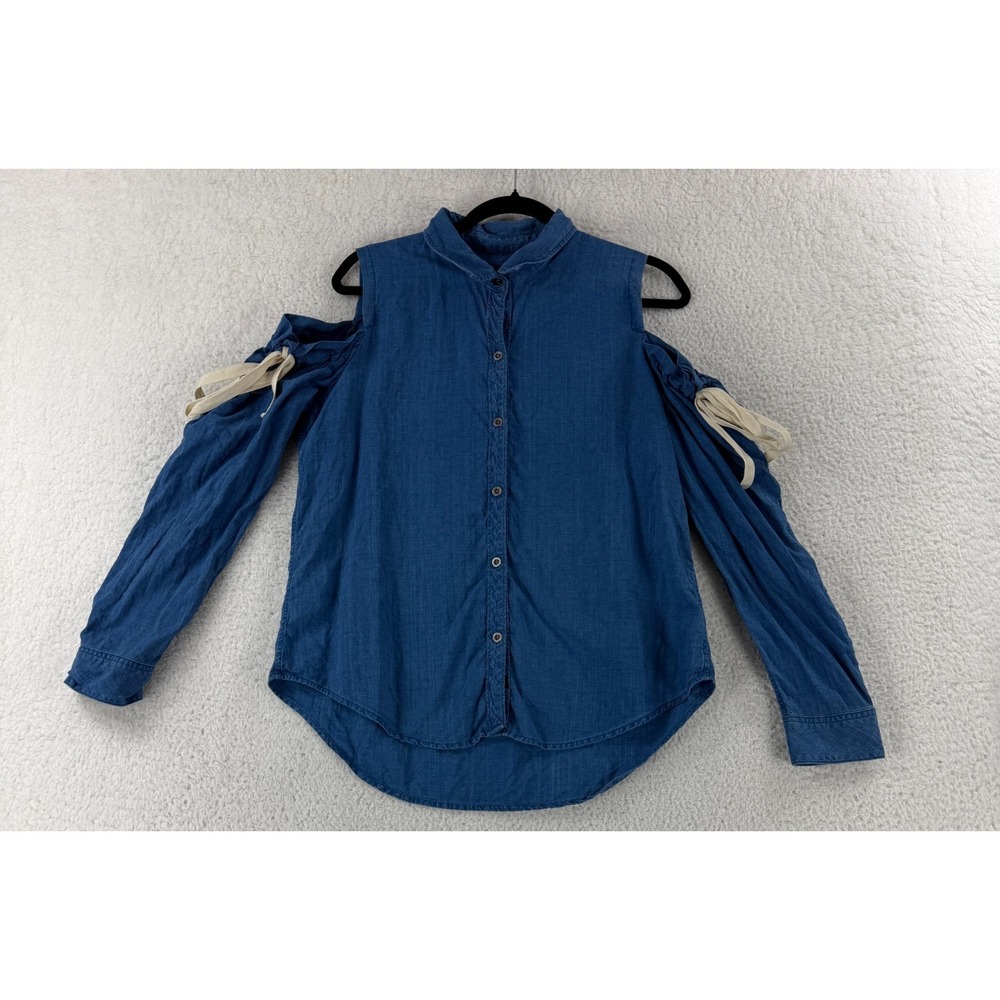 Rails Romy‎ Top Womens Large Indigo Blue Chambray Cold Shoulder Button-Up Casual